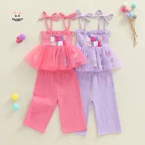 Toddler Girl Birthday Outfits Letter Embroidery Tie-up Camisole + Elastic Waist Long Pants 2 Pcs Set