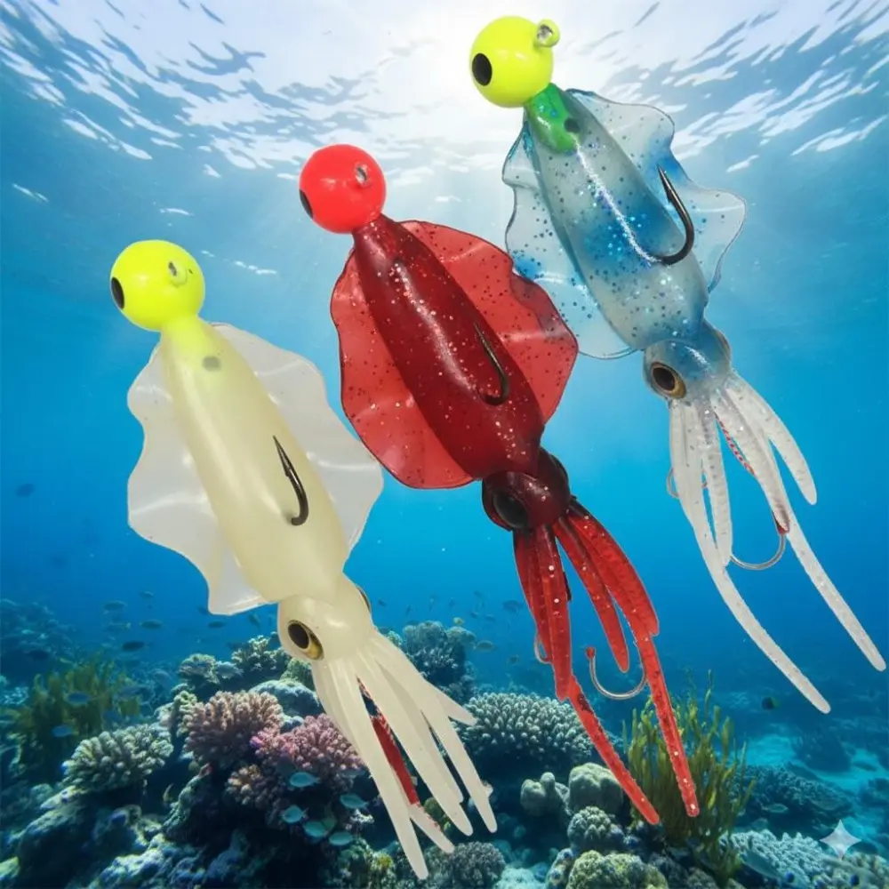 Glow-in-the-Dark Octopus Soft Lure Kit with 3-Level Brightness, Squid Clip Head Hooks, TPR Material, Anti-Tangle Guide Rings. Three-Color Gradient Design for Realistic Attraction. Universal for Boat, Raft & Rock Fishing. Deep Sea Fishing Bait Set.