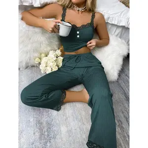 Lace trimmed casual camisole suit, round neck camisole top and loose comfortable home tie pants, women's loungewear and pajamas