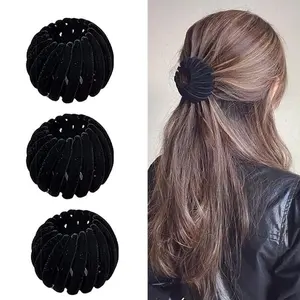 3-Pack Black Hair Clips, Expandable Bird's Nest Ponytail Holder, Women's Hair Accessories, Bun Holder for Thin Thick Fine Curly Hair, Hair Clips, Hair Tied for Girls