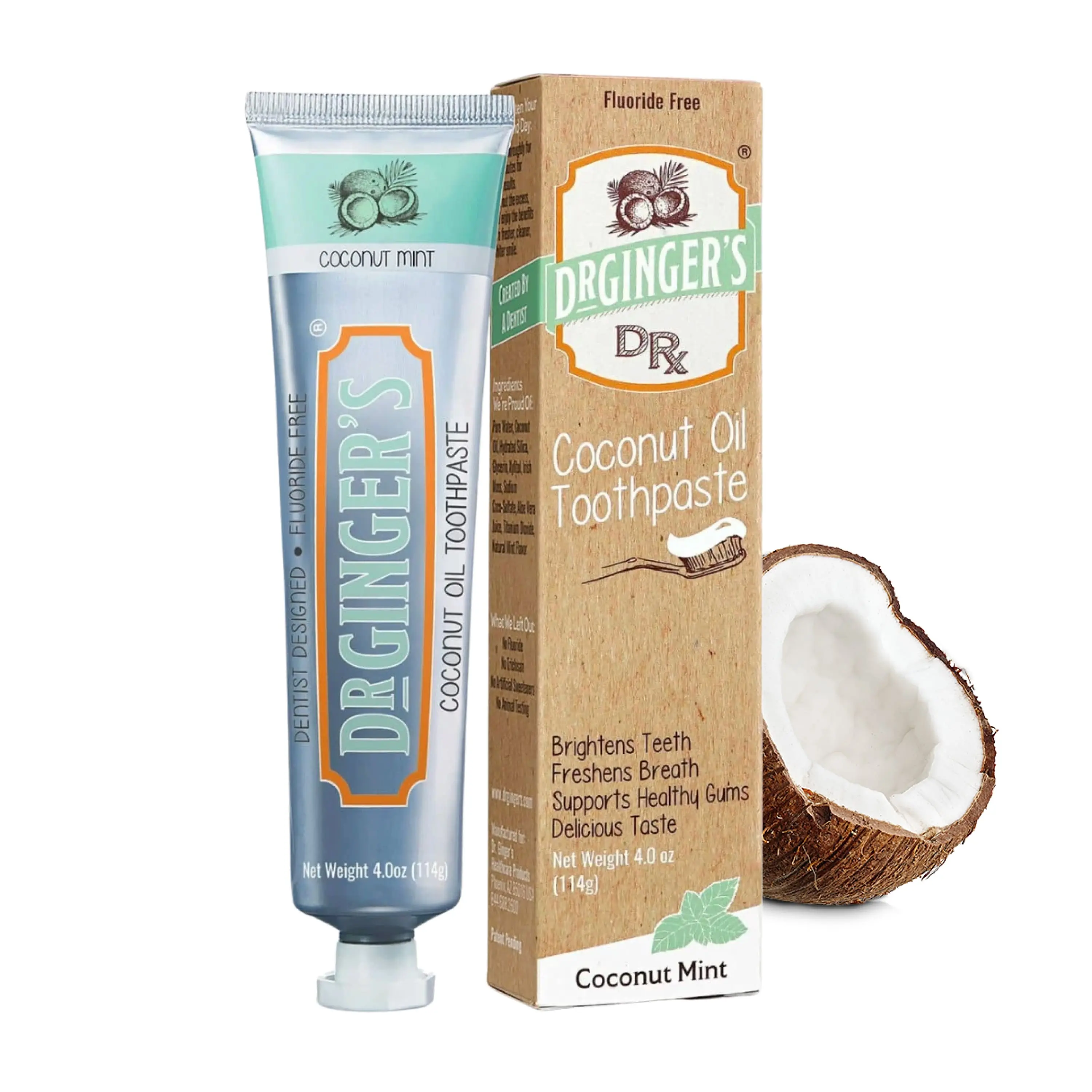 Dr. Ginger's Coconut Powered Fluoride-Free Toothpaste | Organic Coconut Oil & Xylitol, Fluoirde Free, Dye Free, Deep Cleaning, Whitening, Remineralizing, Sensitive Teeth Safe, Daily Use, 4 oz