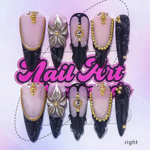 Delicatething Y2K Style Long Sharp Nails Nail Art Set, Press On False Nails, 4 Sizes XS S M L, 3D Carved Gold Beads, Perfect Gift for Women