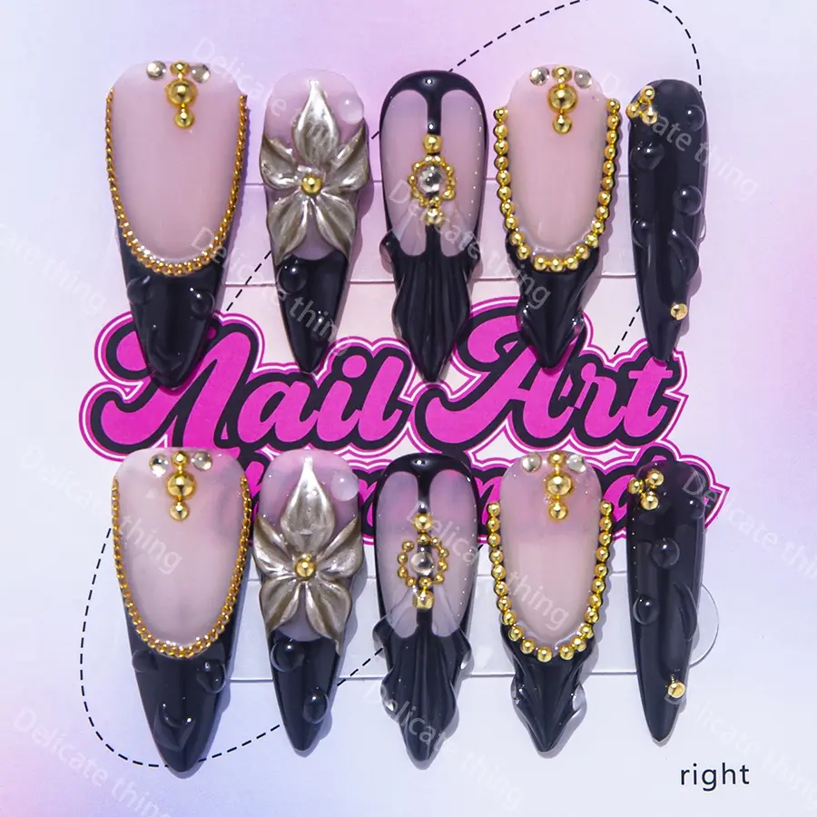 Delicatething Y2K Style Long Sharp Nails, Handmade Press On Nail Art Set, 4 Sizes XS S M L, 3D Carved Gold Beads, Perfect Gift for Women