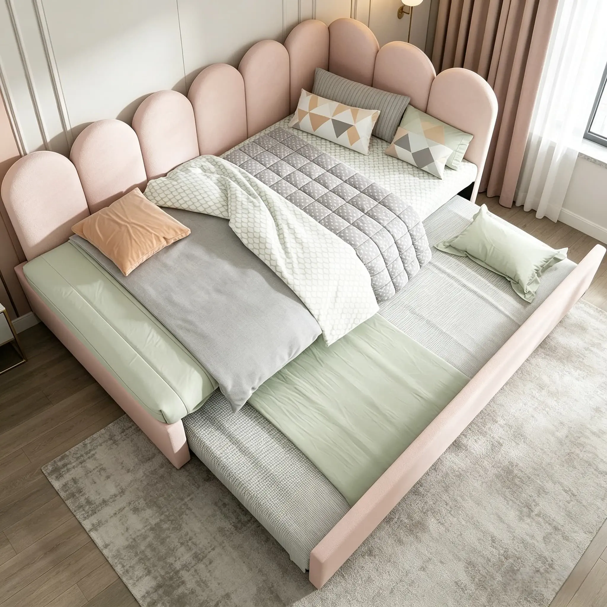 Velvet Modern Twin Size Pull-Out Bed Ottoman Daybed with Hydraulic Lift Storage, L-Shaped Interchangeable Side Panels, Metal Slat Frame, Skin-Friendly Material, Sturdy Base - Space-Saving for Small Spaces, Apartments