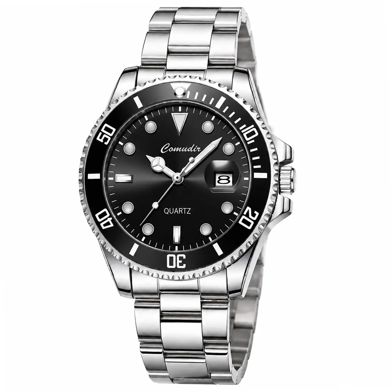 Men’s Quartz Dive-Inspired Watch – Stainless Steel Case & Band, Date Display, Rotating Bezel, 5ATM Waterproof , Luminous Wacth  Stylish Everyday Casual Sport Watch for Professionals & Students Classic Watch for Men,Gift Box, Watchband Adjustment Tool