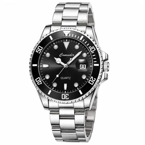 Men’s Classic Fashion Quartz Dive-Inspired Watch - Full Metal Construction Wrist Watch, Stainless Steel Case & Steel Strap, 5ATM Waterproof, Rotating Bezel, Date Display, Luminescent Dial, Adjustment Tool, Gift Box, Business Look, Mens Gifts for Boyfriend