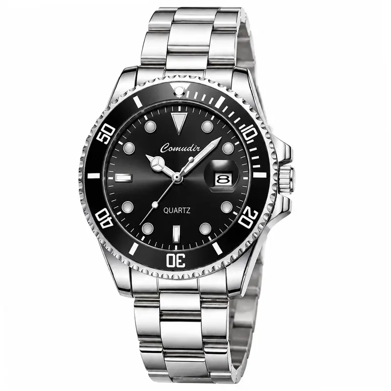 Men’s Classic Fashion Quartz Dive-Inspired Watch - Full Metal Construction Wrist Watch, Stainless Steel Case & Steel Strap, 5ATM Waterproof, Rotating Bezel, Date Display, Luminescent Dial, Adjustment Tool, Gift Box, Business Look, Mens Gifts for Boyfriend