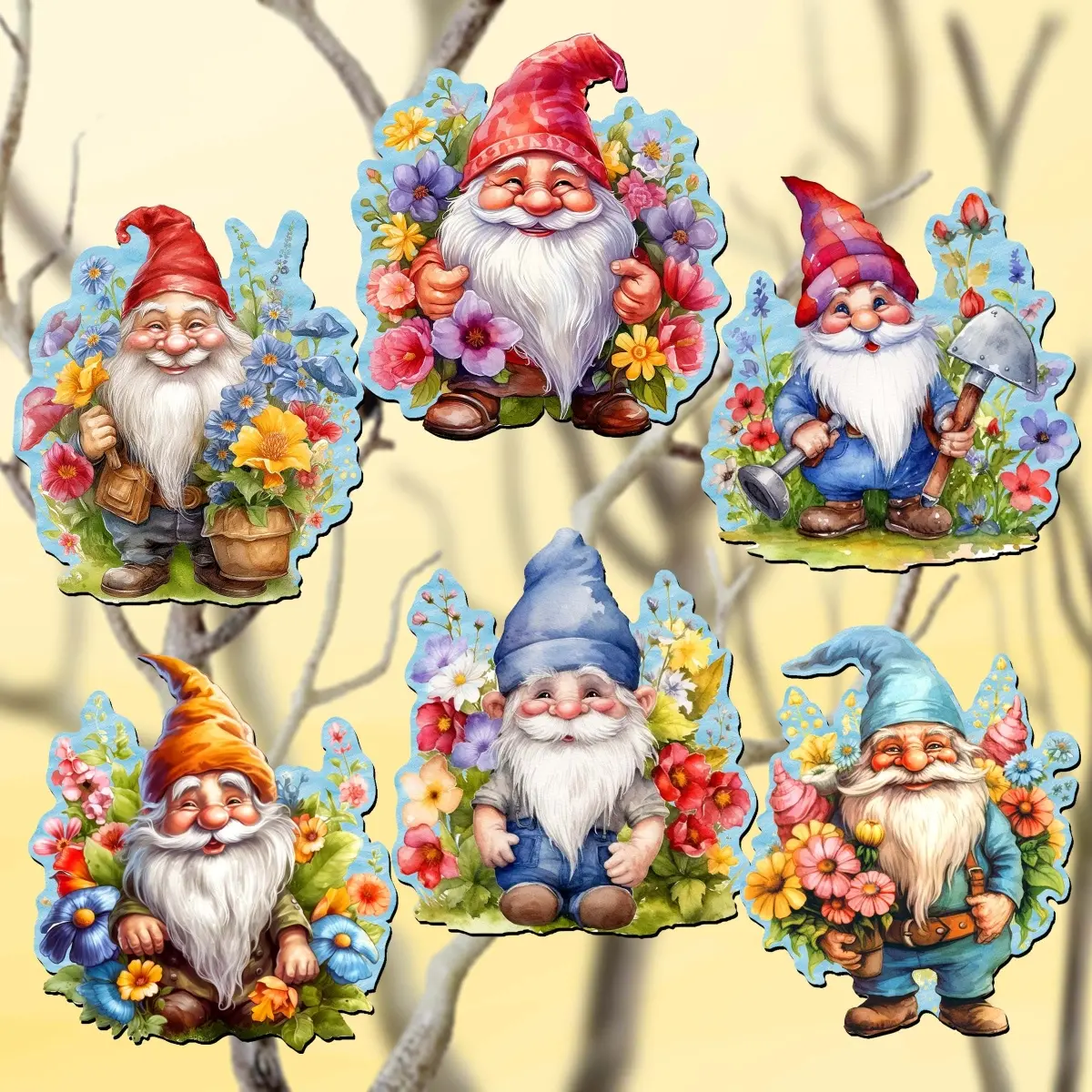 Designocracy 8090030C-S6 Wooden Miniature Jolly Garden Gnome Clip-On Christmas Tree Ornaments (Set of 6), 2 x 2 x 0.25 inches - Rustic Charm Festive Home Decoration, Holiday Gift