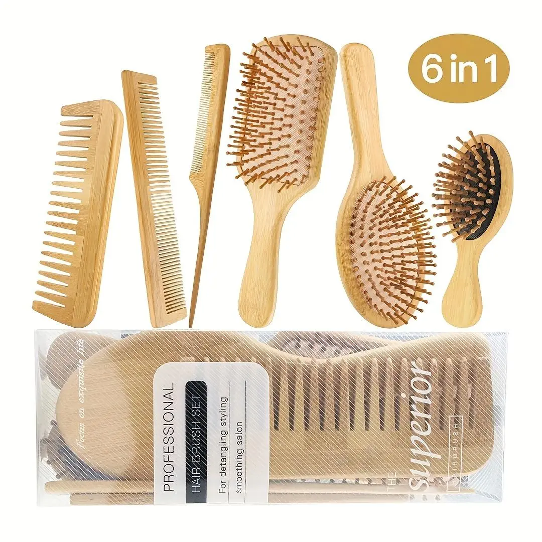 Wooden Hair Brush Set, 6 Counts/set Hair Comb Set, Scalp Massage Comb, Hair Styling Tool for Women & Men, Hairdressing Comb, hair styling comb