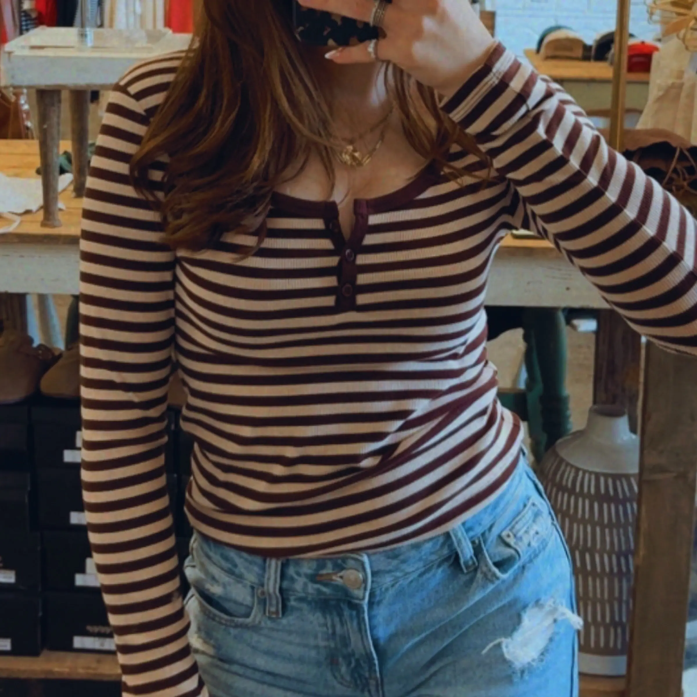Briar Long Sleeve Striped Henley Top Brown