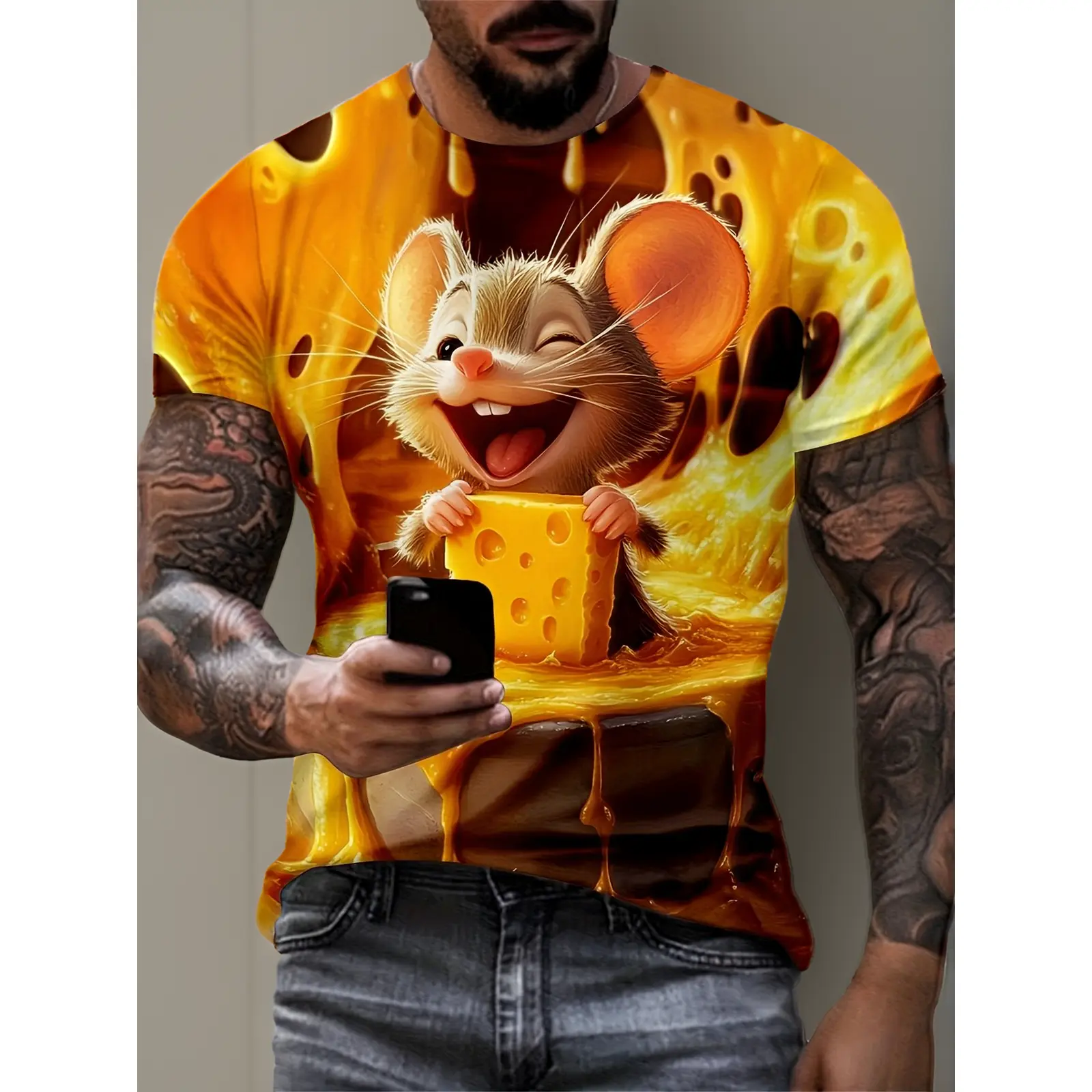Men's Casual T-Shirt with a Fun Mouse and Cheese All Over Print, Regular Fit Crew Neck Short Sleeve Summer Top, Geometric, Cartoon Print