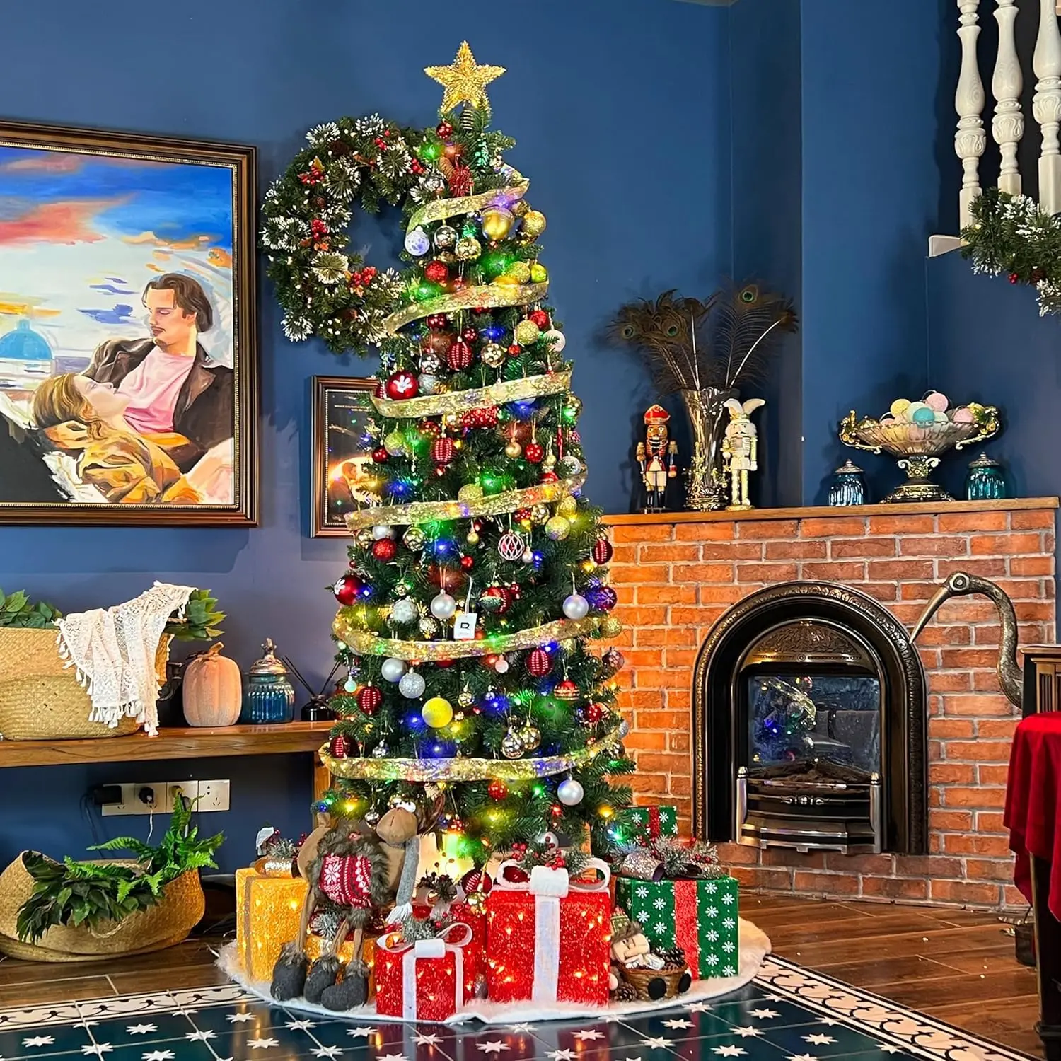 6ft/7.5ft Prelit Pencil Slim Christmas Tree – Color Changing/Multicolor LEDs (200/300), Branch Tips (544/792), 10 Modes, Hinged Design, Foot Pedal & Metal Stand