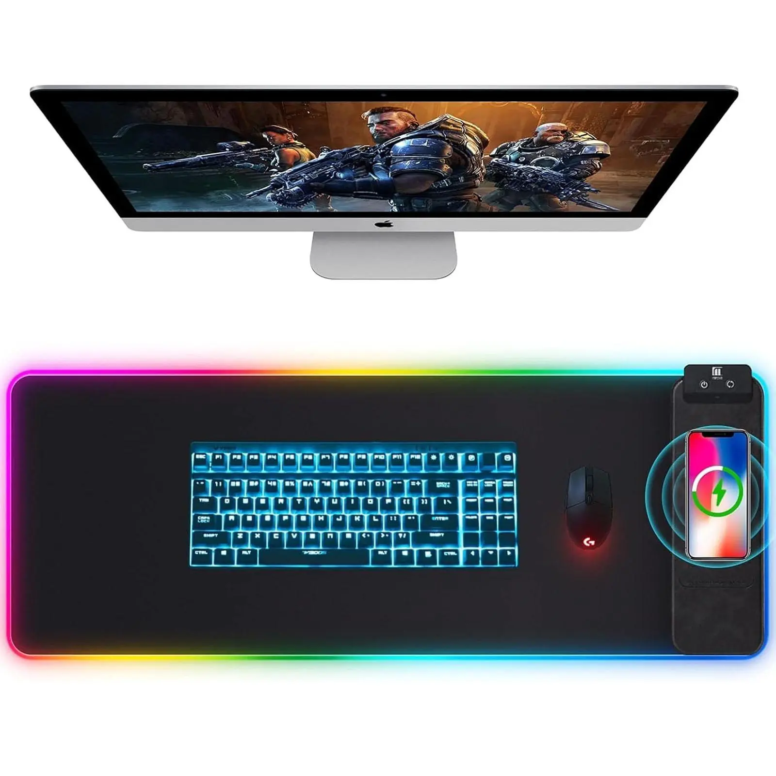XXL Magnetic Phone Mount Mouse Pad - Wireless Charging Rechargeable RGB Gaming Mouse Pad, 10 LED Light Colors, Waterproof Universal Full Desk Mat, Non-Slip Rubber Base Desktop Accessory Made for Gaming tiktokshopbacktoschool, Gaming Mouse Pads, Universal