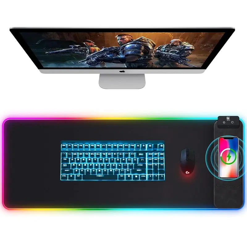 XXL Magnetic Phone Mount Mouse Pad Wireless Charging Rechargeable RGB Gaming Mouse Pad, 10 LED Light Colors, Waterproof Universal Full Desk Mat, Non Slip Rubber Base Desktop Accessory Made for Gaming tiktokshopbacktoschool, Gaming Mouse Pads, Universal