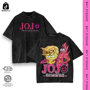 JOJO Bizarre Adventure x SpongeBob Vintage Oversized Graphic Tee & Hoodie | Premium Heavyweight Streetwear - Acid Wash Black