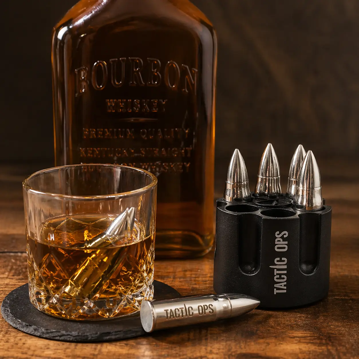 Tactic Ops Bullet Shaped Bourbon Whiskey Stones - 6 Stainless Steel Chillers for Cooling Whiskey, Bourbon, Scotch & More - Set - Utensils