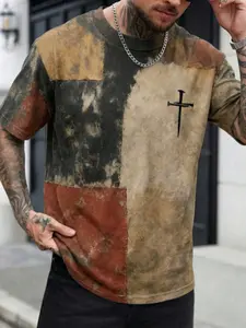 Men's Retro Fake Patch Design T-Shirt, Jesus Cross Pattern Round Neck T-Shirt, Slim-Fitting All over Print Top, Casual Daily Wear