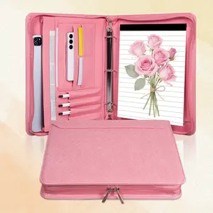 Vegan Faux Leather Binder Portfolio for Women and Men | 3-Ring Portfolio Binder with Zipper, A4 Planner with Laptop Pocket, Legal Size, Work Binder Organizer, Bright Pink Faux Leather, Christmas and New Year Gift