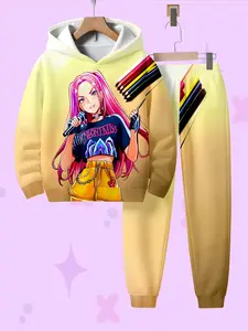 Girls' Hooded Sweatshirt Set, Soft Breathable Warm Casual Wear, Suitable for Spring & Fall Daily Use