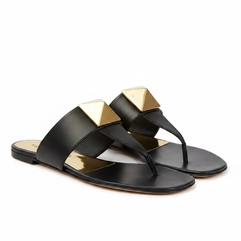 Valentino Garavani One Stud flat thong sandals in black calfskin leather Size 38