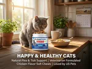 Happy & Healthy Cats Flea & Tick Prevention for Cats 120 Soft Chicken Flavor Chews with Sunflower Lecithin Natural Oral Pills Safe for All Breeds Gentle on Cats Mouth Probiotic Soft Chews for Dog Gut Health dog  spray Wild Alaskan Salmon Oil for Pets