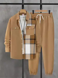 Men's Plaid Patchwork Print Pajama Pattern Button Front Shirt & Drawstring Waist Pants Loungewear Two-piece Set, Regular Fit Casual Comfy Long Sleeve Collared Top & Trousers Pj Set, Men's Sleepwear for Fall & Winter