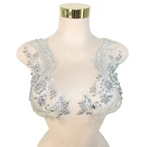 Handmade Crystal Floral Applique Beaded Lace Patch Pair for Dress Decoration Wedding Bridal DIY Costume Accessories