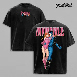 Invincible Mark and Atom Eve Graphic T-Shirt Washed Oversized T-Shirt, Vintage Style Superhero Shirt with Retro Comic Tee Vibes, Couple Character Design for Comic Lover, Casual Streetwear Fit Top for Men and Women