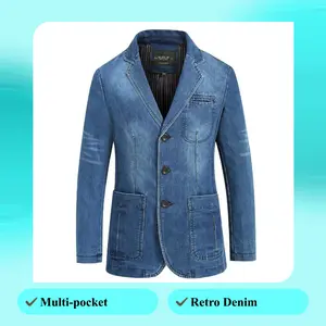 Men's Denim Blazer Multi-Pocket Casual Business Jacket Daily Wear Retro Denim Suit Stylish Versatile with Multi-pocket Design