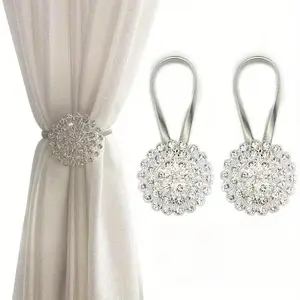 2pcs Sparkling Crystal Flower Curtain Tiebacks with High-Elastic Spring Wire – Elegant Metal Clips for Home, Office, and Easter Decor, Adds a Touch of Glamour to Any Room tiktokshopspringglowup
