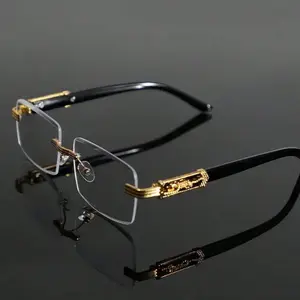 Men's Rimless Cut-Edge Sunglasses, High-End Business Metal Wood Grain Square Frame Glasses, Fashionable Outdoor Sunglasses