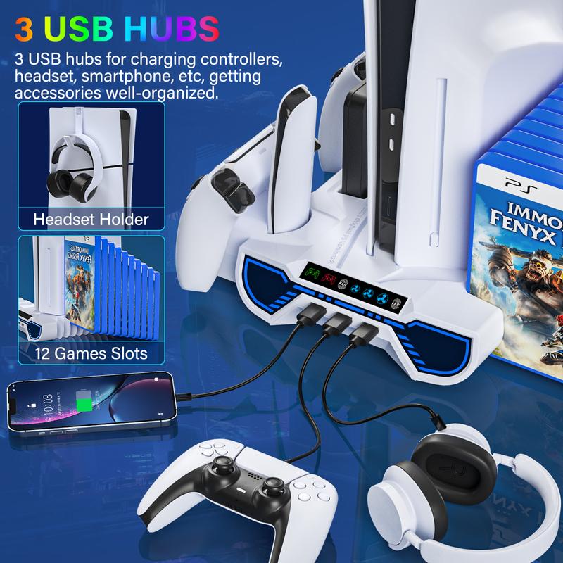 PS5 Cooling Station Charging Base with Upgraded Touch Screen for Standard/Slim/Pro, All-in-One Stand Compatible Disc/Digital, Dual Controller Charger,3-Level Cooling Fan, 3 USB Hub, Best Christmas Gift for Gamers