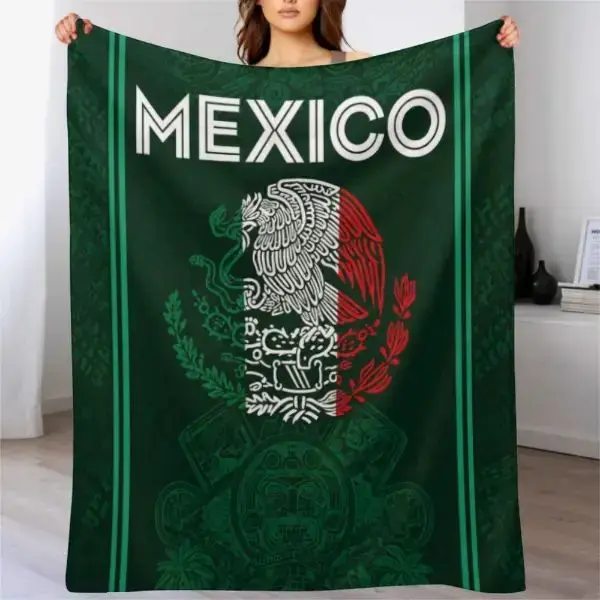 Mexican Flag Fleece Throw Blanket, Aztec Tribal Print, Soft Warm Patriotic Home Decor Gift for Mexican Americans