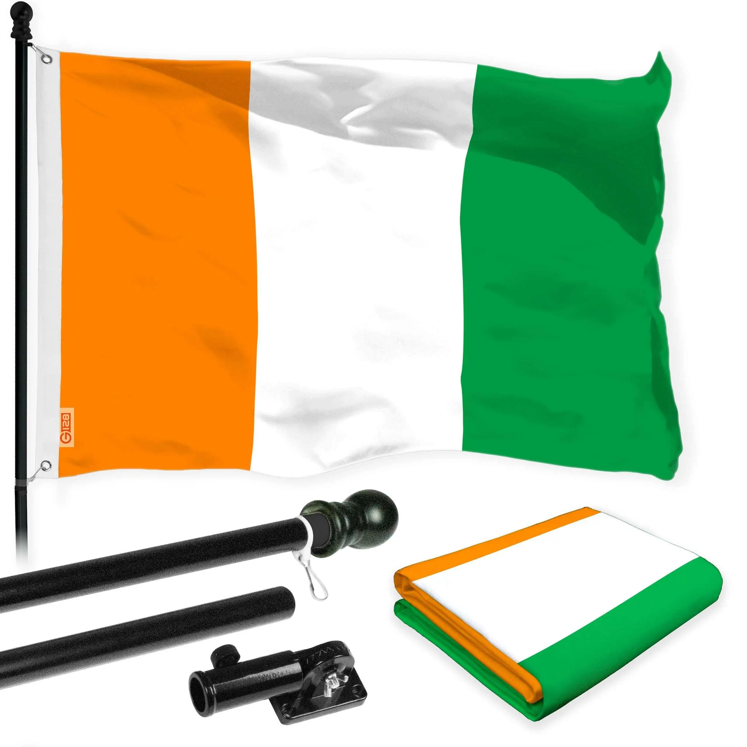 G128 Combo Pack: 6 Ft Twist Free Aluminum Spinning Flagpole (Black) & Ivory Coast Flag | 3x5 Ft | LiteWeave Pro Series Printed 150D Polyester | Pole with Flag Included
