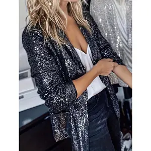 Sequin Open-Front Blazer, Elegant Long-Sleeve Lapel Blazer, Women's Clothing
