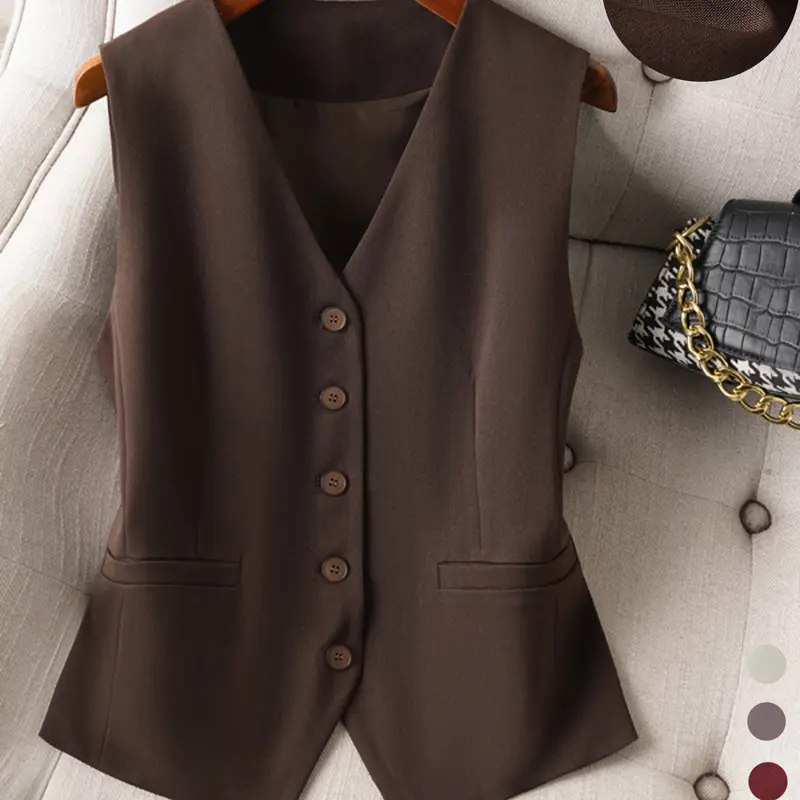 Women's V-Neck Button-Front Short Gilet, Plain Design, Fitted Style, Spring & Fall Casual Wear, Practical Pockets, Minimalist Look, Basic, Casual Comfy Vest, Casual Sleeveless Outerwear, Solid Button Vest