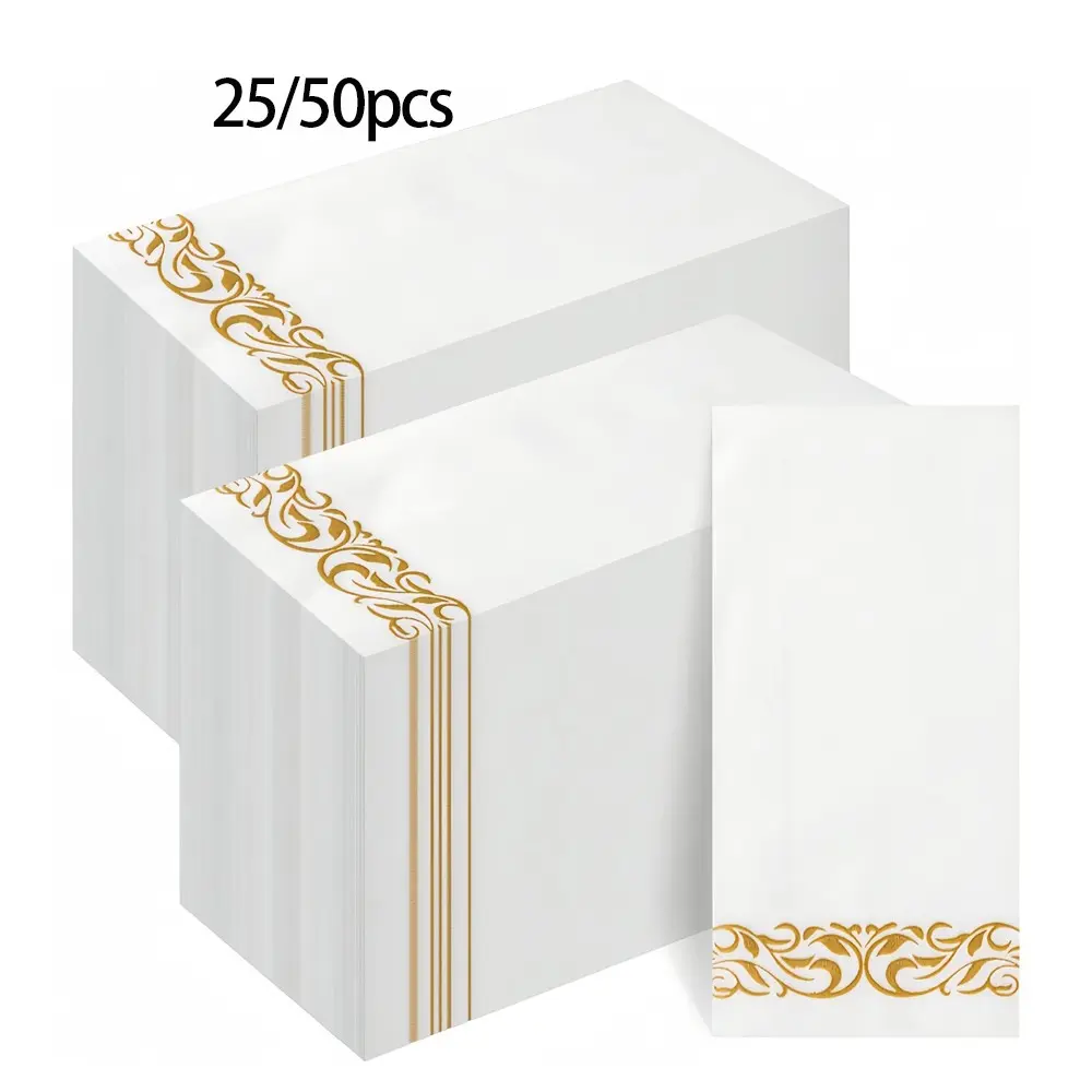 25/50pcs-Linen-textured bathroom napkins, soft and absorbent, disposable guest towels, cloth tissues, decorative napkins, suitable for dinners, parties, Ramadan, Eid al-Fitr, Valentine's Day, weddings or events, Festival Party Supplies, gold