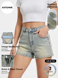 Katch Me Chic Women's Vintage Mid-Rise Durable Denim Shorts, Street Style Multi-Pocket Stretch Faded Outfits, Casual Daily Jeans, Wrinkle-Resistant Women's Bottom