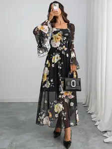 Women's Gothic Print Square Neck Chiffon Mesh Bell Sleeve Long Sleeves Breathable Waist Cinching Hem Dress, Elegant Aesthetic All Seasons Fashion