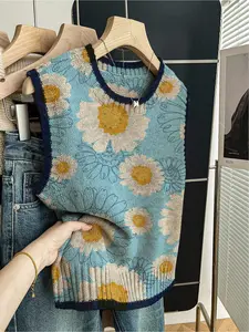 1 Piece Women's Loose Crew Neck Ribbed Sleeveless Knit Top, Spring Summer Back to School Casual Style, Dark Blue Trim, Contrast Blue Floral Print, Can Be Worn Alone or with Vest, For Daily Outdoor Wear Womenswear