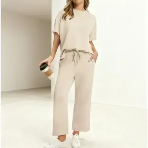 Women’s Summer Oversized Two-piece Set - Wide Leg Crop Pants Lounge Outfit, Airport Beach Vacation Clothes (Size Up 1-2 for Oversized Look) glow  mode  sweat  set fuzzy  lounge