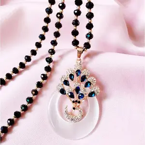 PAVODD Versatile Cubic Zirconia Sweater Chain Long Fashion Pendant Necklace Accessory Simple Cat's Eye Stone Peacock Pendant