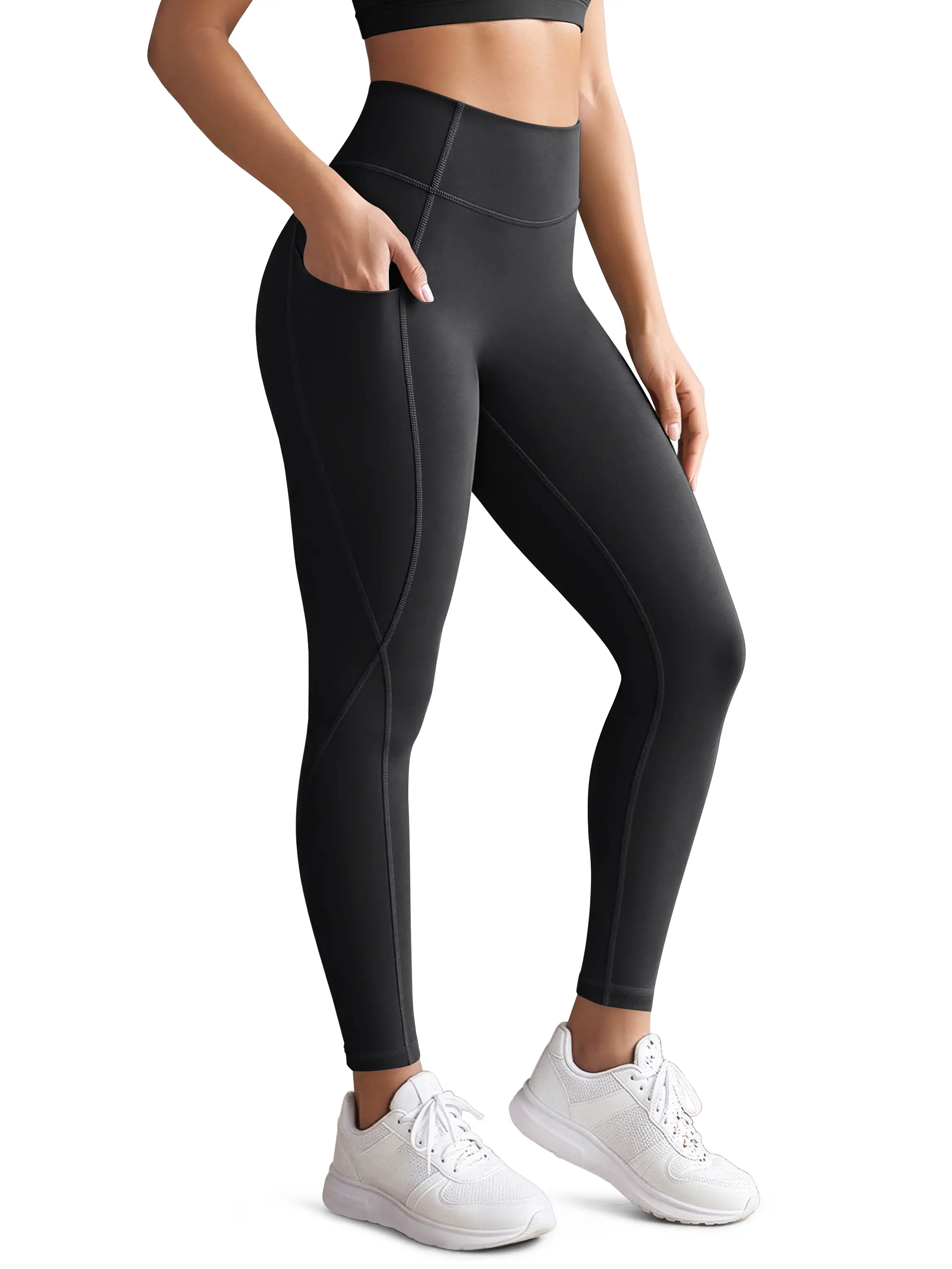 ODODOS Women's High-Rise Hidden Scrunch Butt Lifting Compression Leggings - 25" Ankle Skim, No Front Seam, Tummy Control, Nylon Blend, Dynamic Stretch, Pants for Women with Pocket