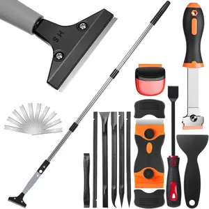 12 count Floor Scraper Tool 52" Long with Plastic Scraper Set, Non Scratch Razor  for Floor Cleaning, Label Glue  Removal(Bright Color)