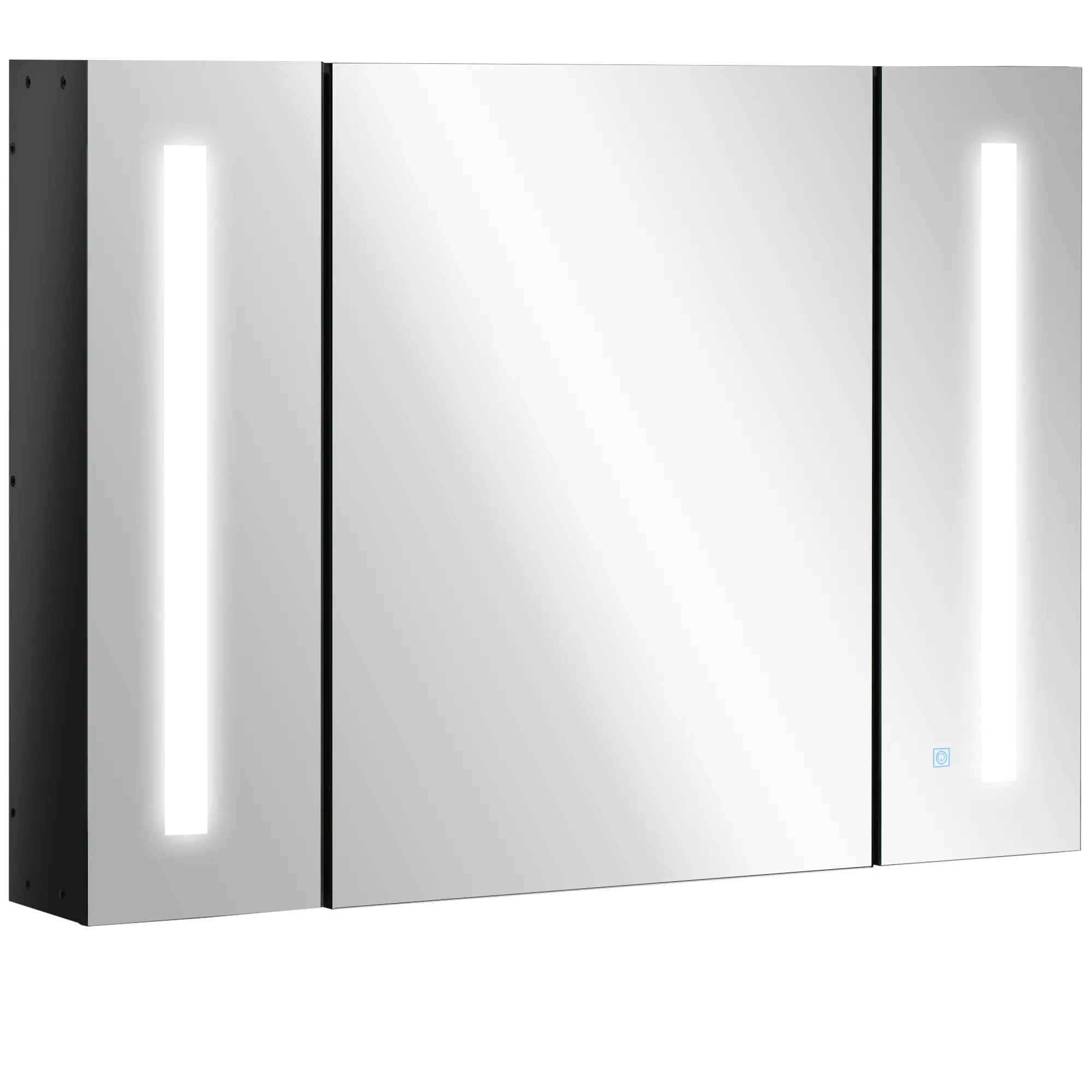 Kleankin Mirrored LED Lighting Wall-Mount Medicine Cabinet, 35.5" W x 25.5" H Bathroom Fixture with Touch Sensor, 3 Cupboards, Adjustable Space-Saving Design, Memory Function, USB Charge, High Gloss Black, Cushioned Hinges, 33 lbs, Assembly Required, Requ