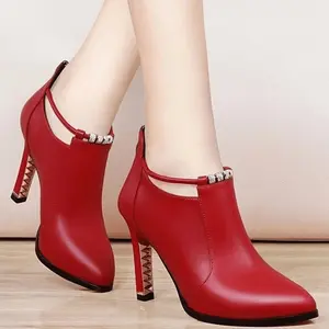 Women's pointed-toe ankle boots, synthetic ultra-high stiletto heels, casual decorative style, back zipper, metal thin heels, rhinestone details, fall/winter 2026 fashionable and comfortable shoes