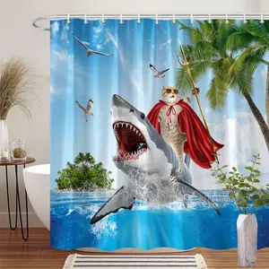1Pc Fun Cat Shark Shower Curtain Cute Cat Riding Shark with Sunglasses and Cape Ocean Adventure Beach Theme Bathroom Decor Polyester Fabric Bath Hanging Curtain 70.8x70.8 Inch with 12 Hooks