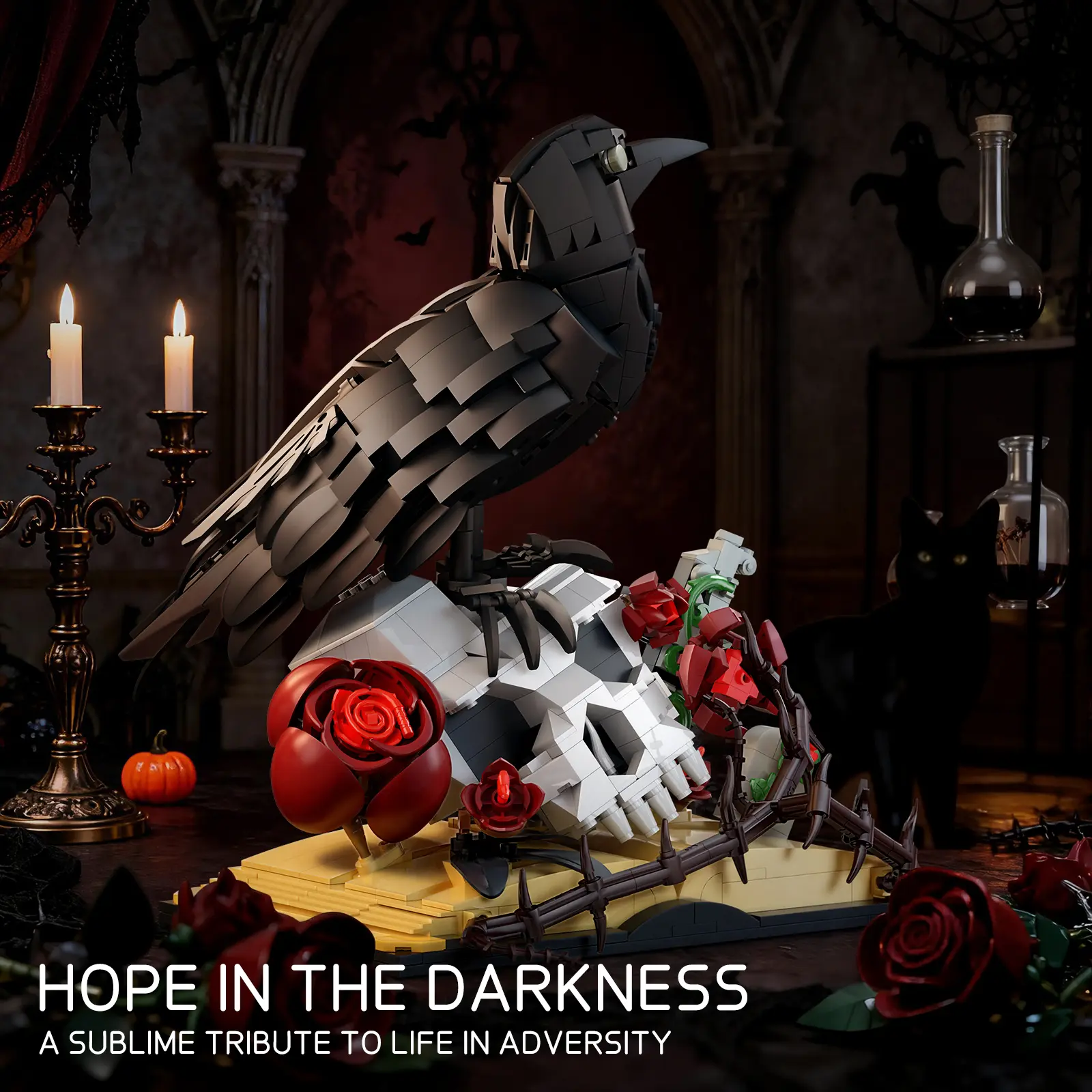 BUILDIFY Gothic Raven & Skull Art Building Set 758 PCS with Crow Skulls Roses Crosses & Books Eye-Catching Table Centerpiece Compatible with Lego Ideal Gift for Adults Kids Ages 8+