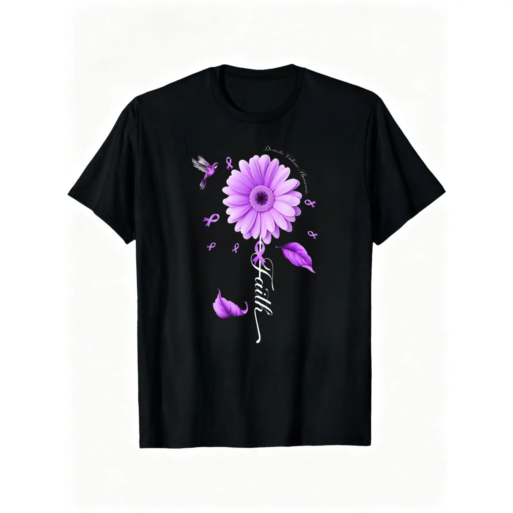100% Cotton Unisex Cute Purple Ribbon Daisy Faith - Domestic Violence Awareness T-Shirt