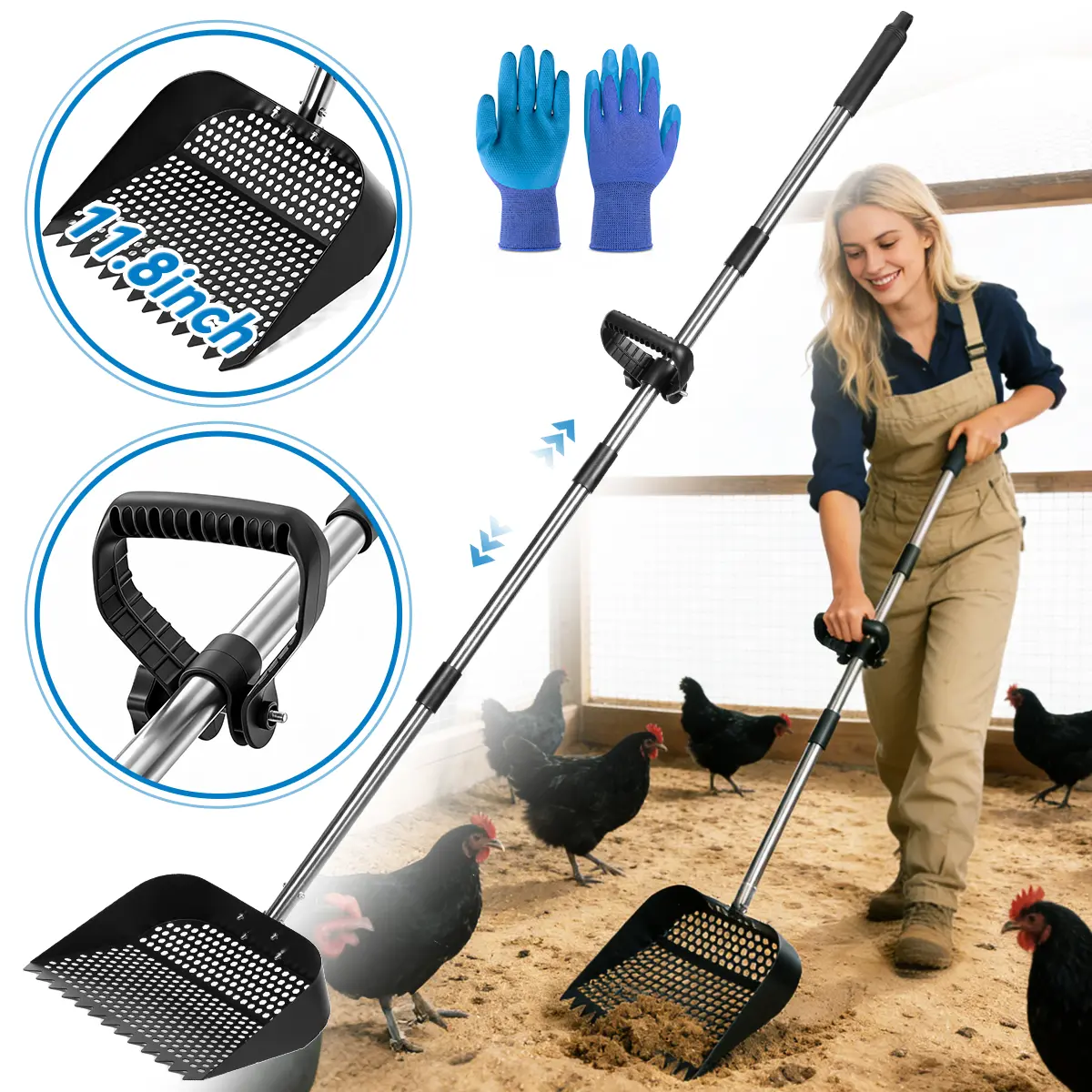 2-in-1 Metal Chicken Litter Scoop & Rake with Gloves - Farm Poultry Cage Accessory, Adjustable 39"-63" Stainless Steel Handle, Non-Stick Slot Holes Cleaner, Universal 1-Hand Use Removal Tool for Backyard